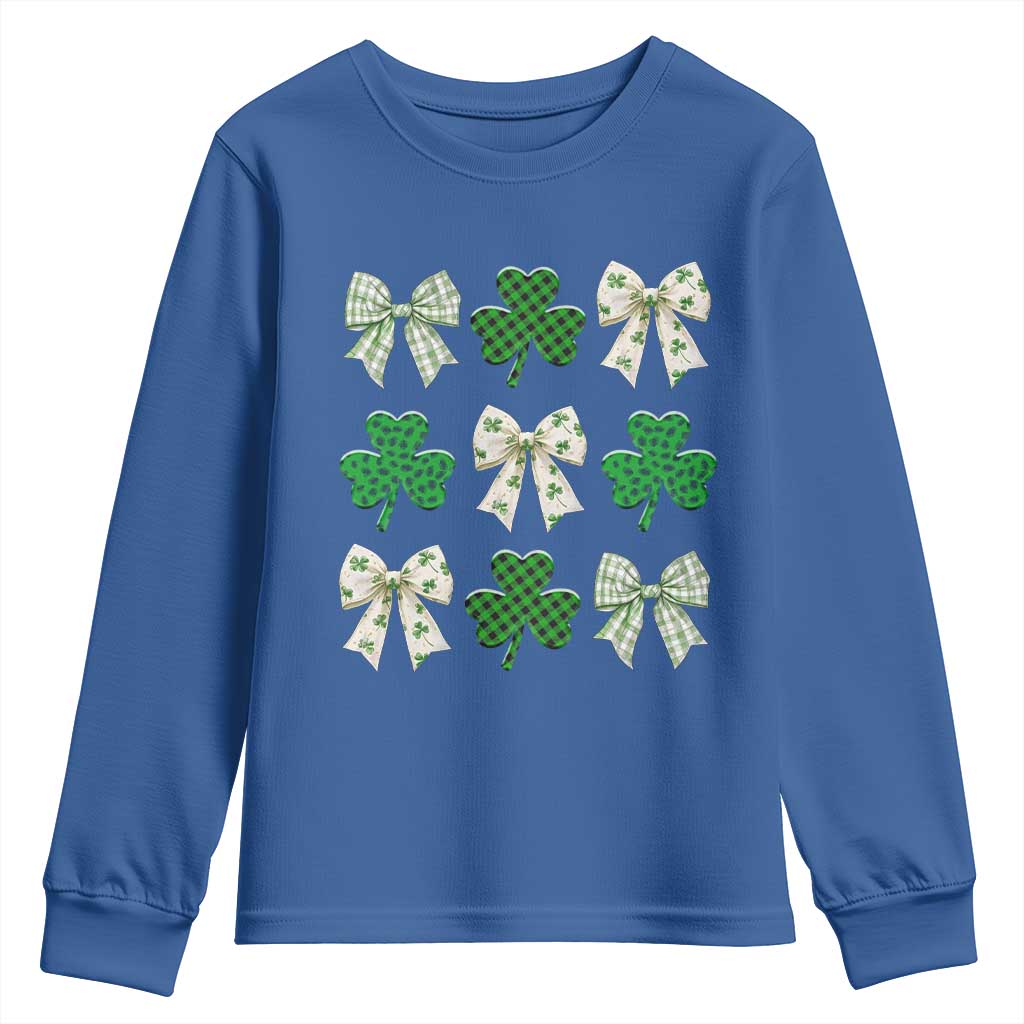 St Patricks Day Lucky Coquette Youth Sweatshirt Leopard Shamrocks Bow Irish Gift TS10 Royal Blue Print Your Wear