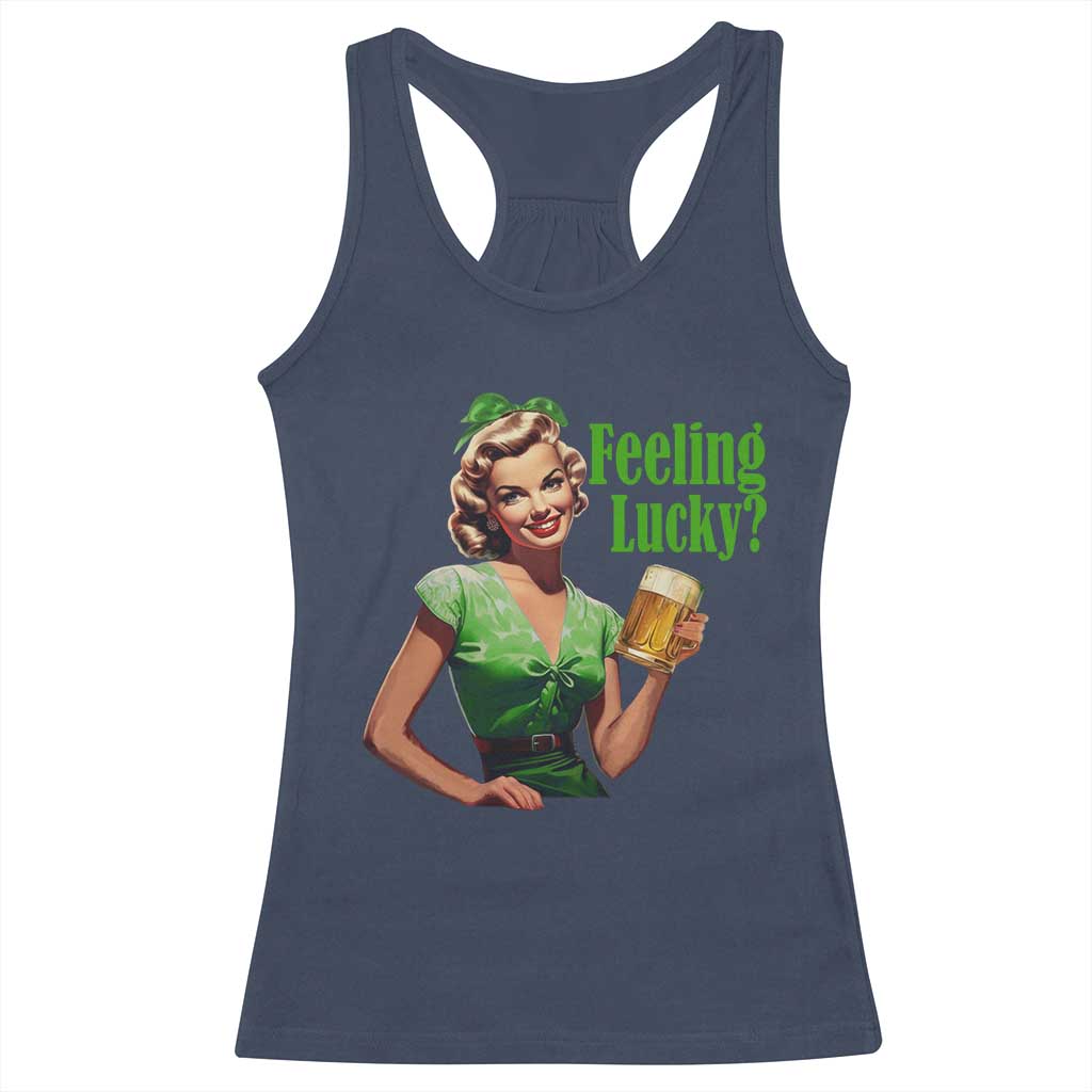 St. Patricks Day Racerback Tank Top Feeling Lucky Trendy Retro TS10 Navy Print Your Wear