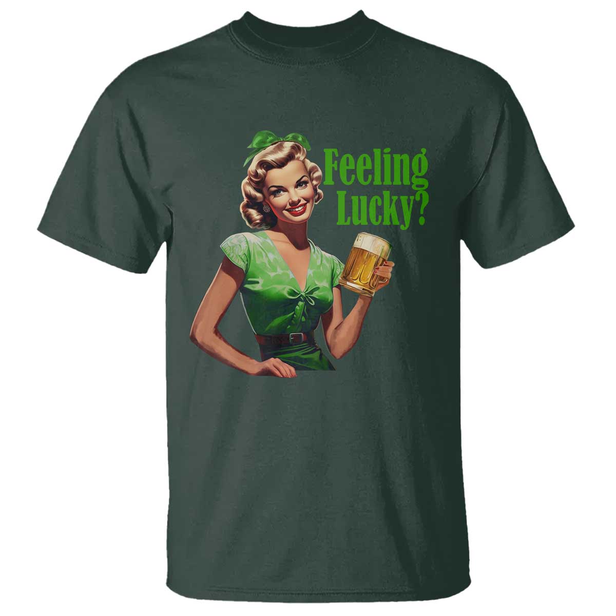 St. Patricks Day T Shirt Feeling Lucky Trendy Retro TS10 Dark Forest Green Print Your Wear