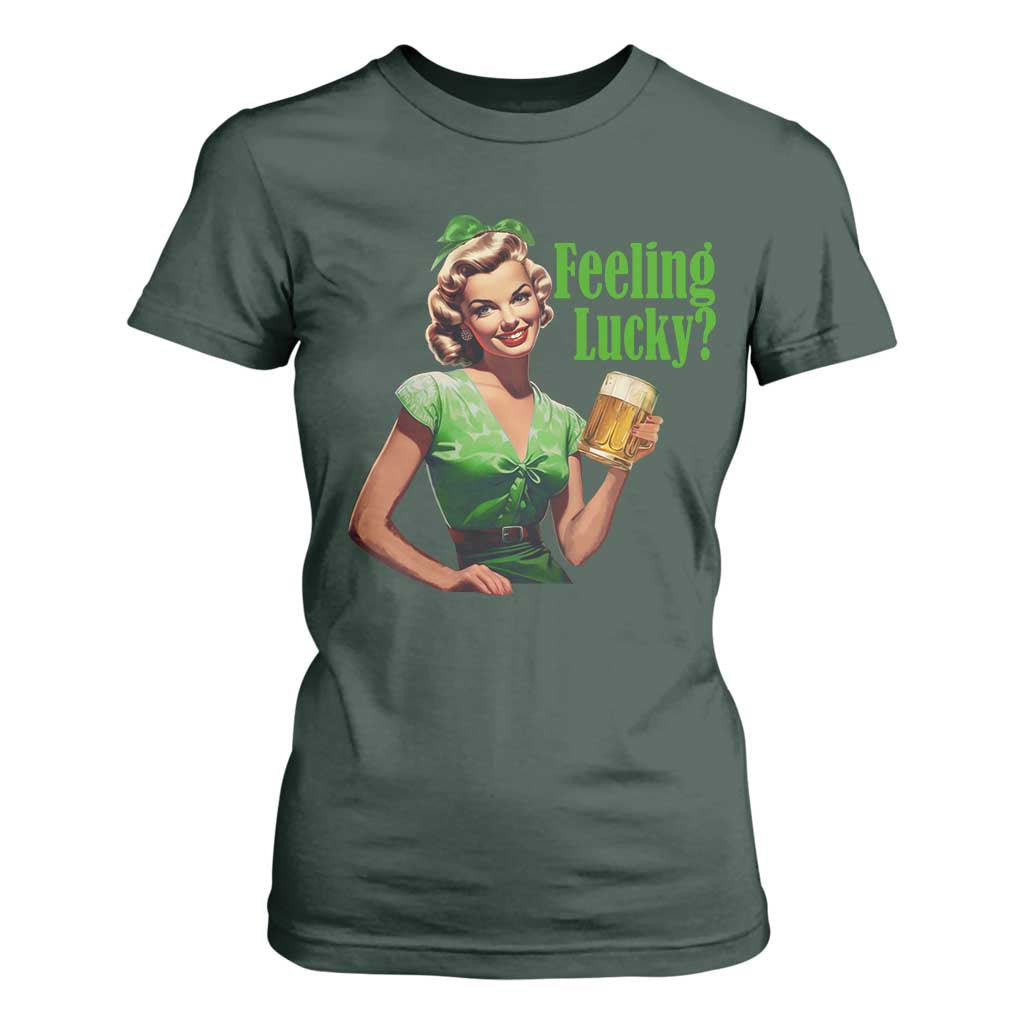 St. Patricks Day T Shirt For Women Feeling Lucky Trendy Retro TS10 Dark Forest Green Print Your Wear