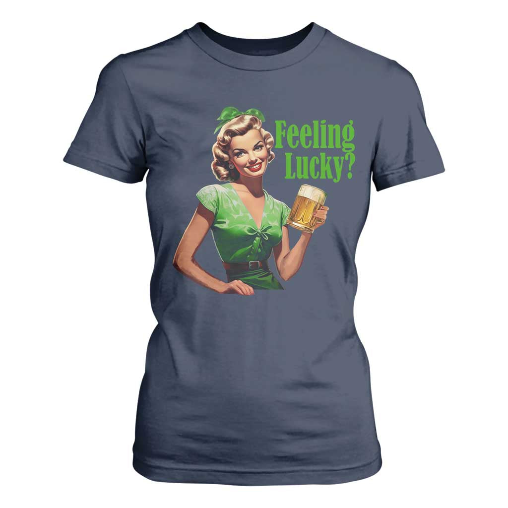 St. Patricks Day T Shirt For Women Feeling Lucky Trendy Retro TS10 Navy Print Your Wear