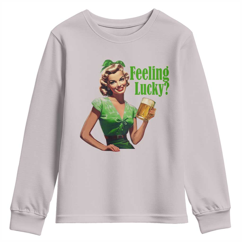 St. Patricks Day Youth Sweatshirt Feeling Lucky Trendy Retro TS10 Ice Gray Print Your Wear