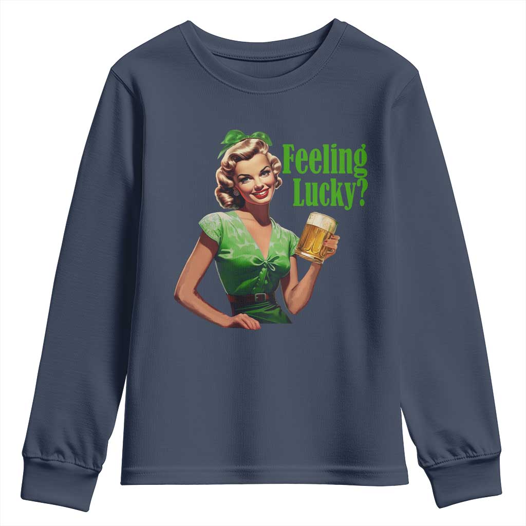 St. Patricks Day Youth Sweatshirt Feeling Lucky Trendy Retro TS10 Navy Print Your Wear
