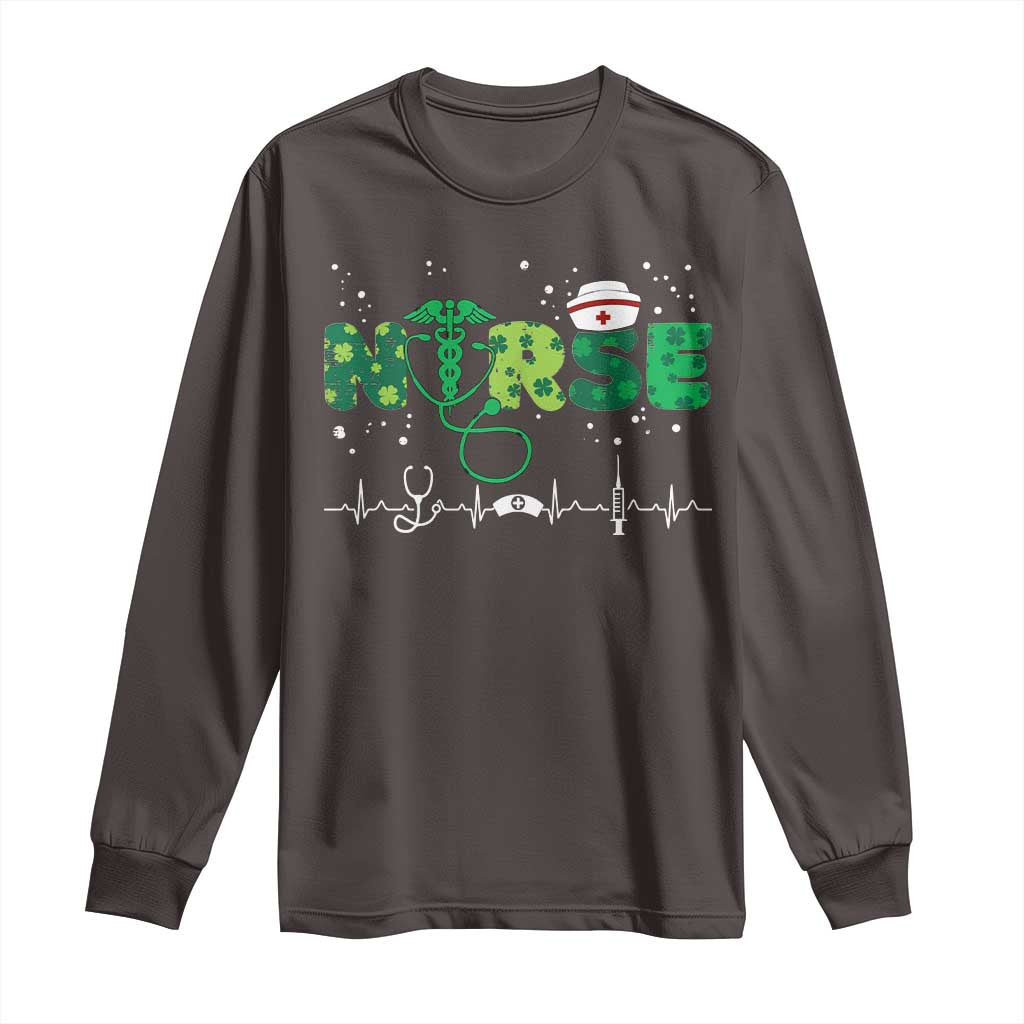 Nurse St Patricks Day Long Sleeve Shirt Stethoscope Scrub Irish Nurses Paddys Day TS10 Dark Chocolate Print Your Wear