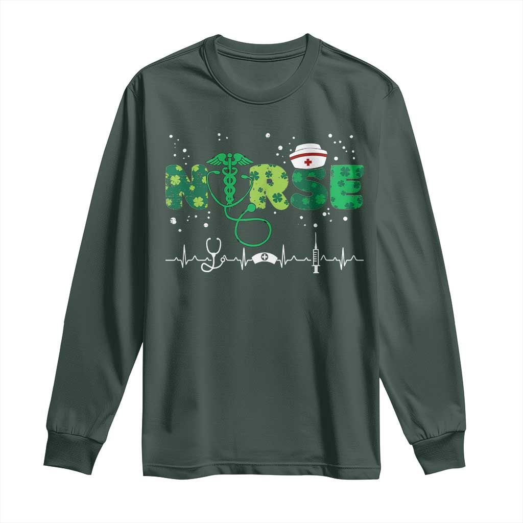 Nurse St Patricks Day Long Sleeve Shirt Stethoscope Scrub Irish Nurses Paddys Day TS10 Dark Forest Green Print Your Wear