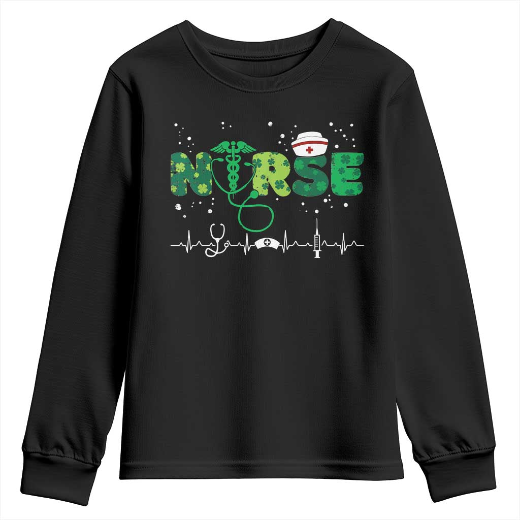 Nurse St Patricks Day Youth Sweatshirt Stethoscope Scrub Irish Nurses Paddys Day TS10 Black Print Your Wear