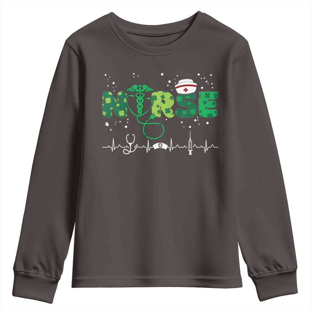 Nurse St Patricks Day Youth Sweatshirt Stethoscope Scrub Irish Nurses Paddys Day TS10 Dark Chocolate Print Your Wear