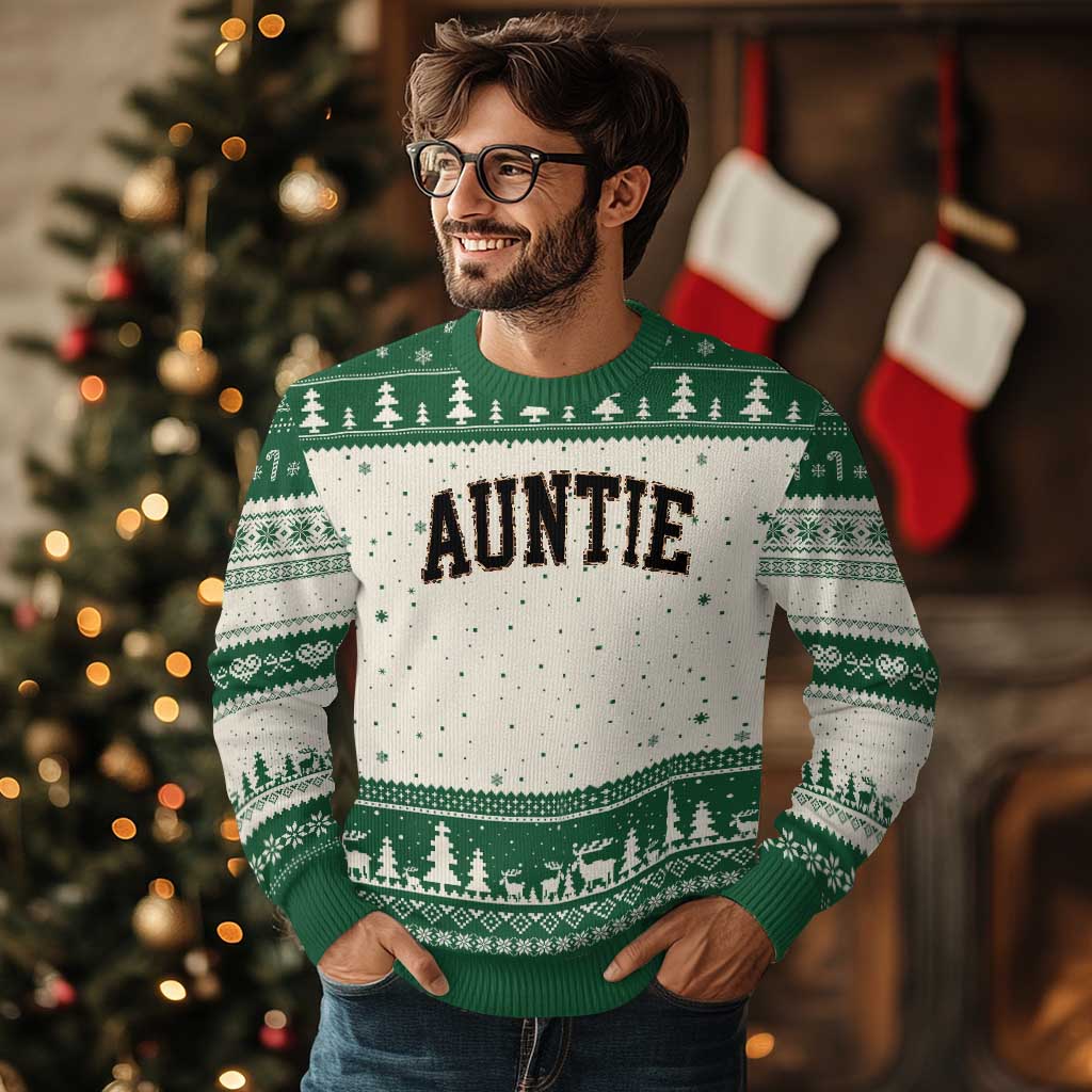 Auntie Ugly Christmas Sweater Retro Varsity New Aunt Letter Print TS10 Beige Green Print Your Wear