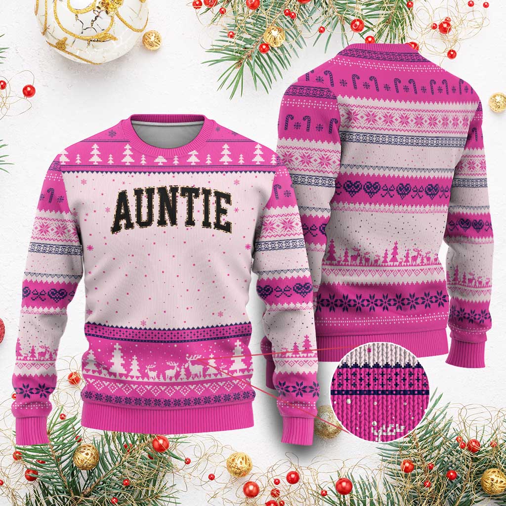 Auntie Ugly Christmas Sweater Retro Varsity New Aunt Letter Print TS10 Hot Pink Print Your Wear