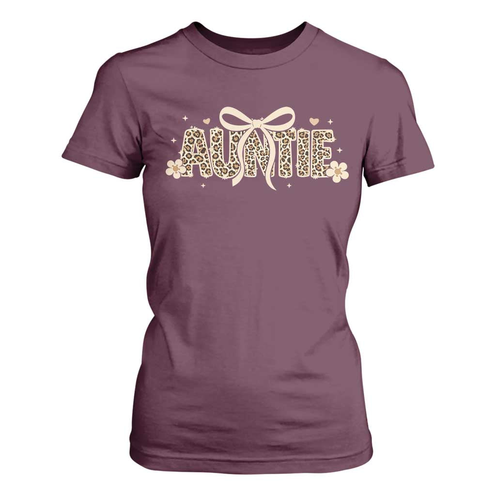 Leopard Auntie T Shirt For Women Coquette Bow Cute Gift For Aunt TS10 Maroon Print Your Wear