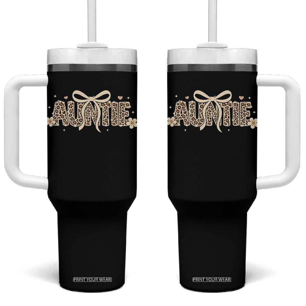 Leopard Auntie Tumbler With Handle Coquette Bow Cute Gift For Aunt TS10 One Size: 40 oz Black Print Your Wear