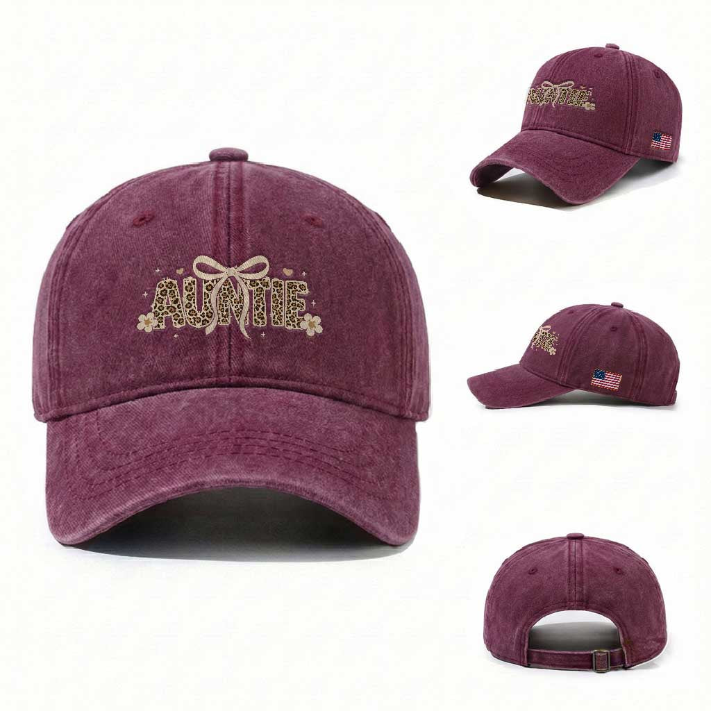 Leopard Auntie Washed Cotton Baseball Cap Coquette Bow Cute Gift For Aunt TS10 Washed Cap Universal Fit Burgundy Print Your Wear