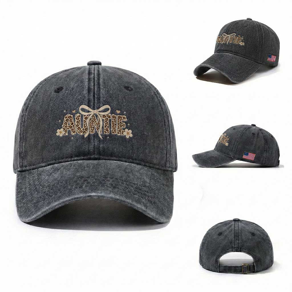 Leopard Auntie Washed Cotton Baseball Cap Coquette Bow Cute Gift For Aunt TS10 Washed Cap Universal Fit Dark Gray Print Your Wear