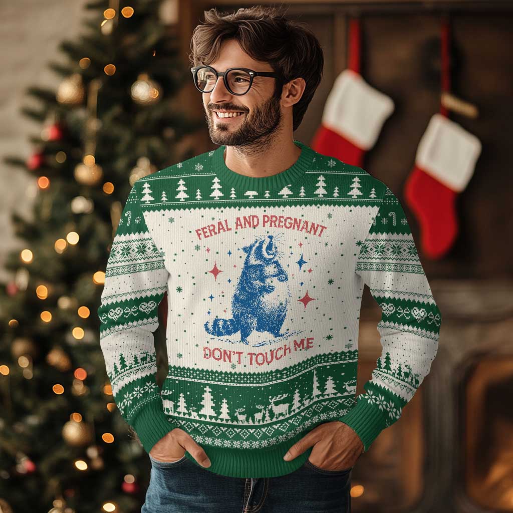Pregnant Racoon Ugly Christmas Sweater Feral And Pregnant Dont Touch Me Pregnancy Humor TS10 Beige Green Print Your Wear