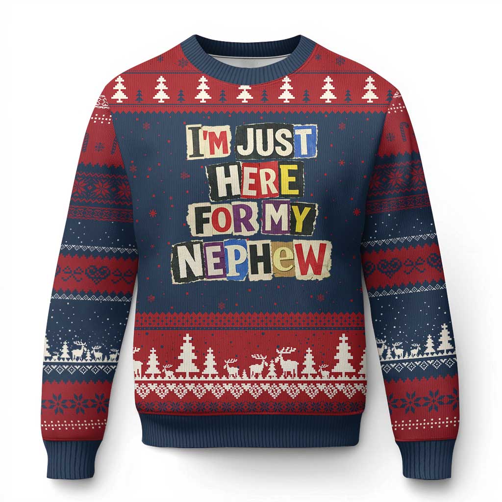Im Just Here For My Nephew Ugly Christmas Sweater Trendy Aunts Letter Print Vintage TS10 Navy Red Print Your Wear