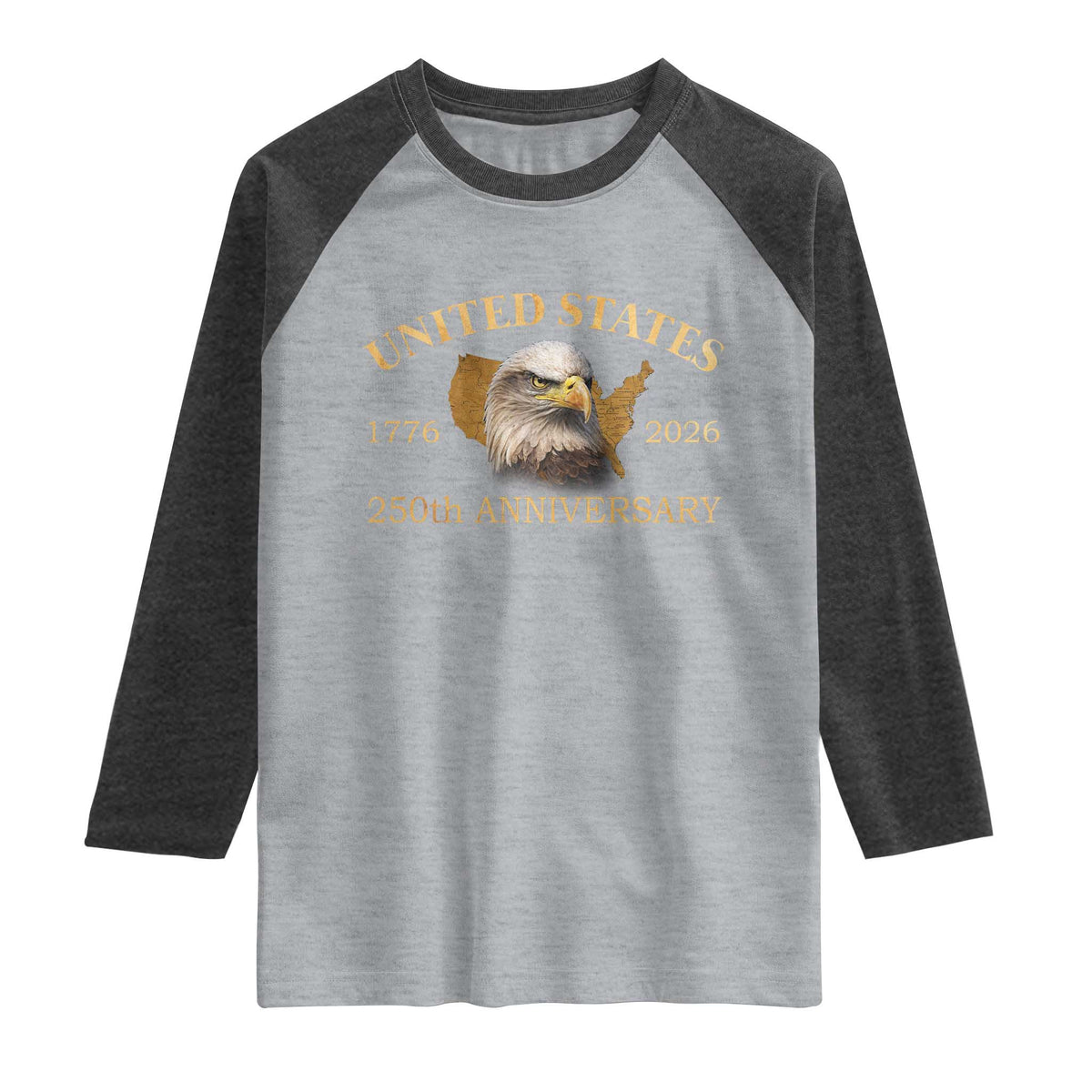 USA 250th Anniversary Raglan Shirt American Map Patriotic 1776-2026 America 250 TS10 Heather Gray Heather Charcoal Print Your Wear