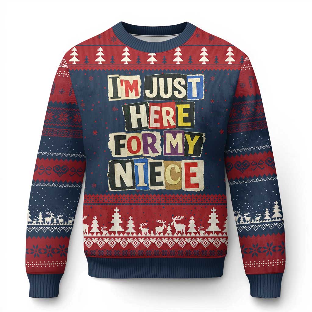 Im Just Here For My Niece Ugly Christmas Sweater Trendy Aunts Letter Print Vintage TS10 Navy Red Print Your Wear