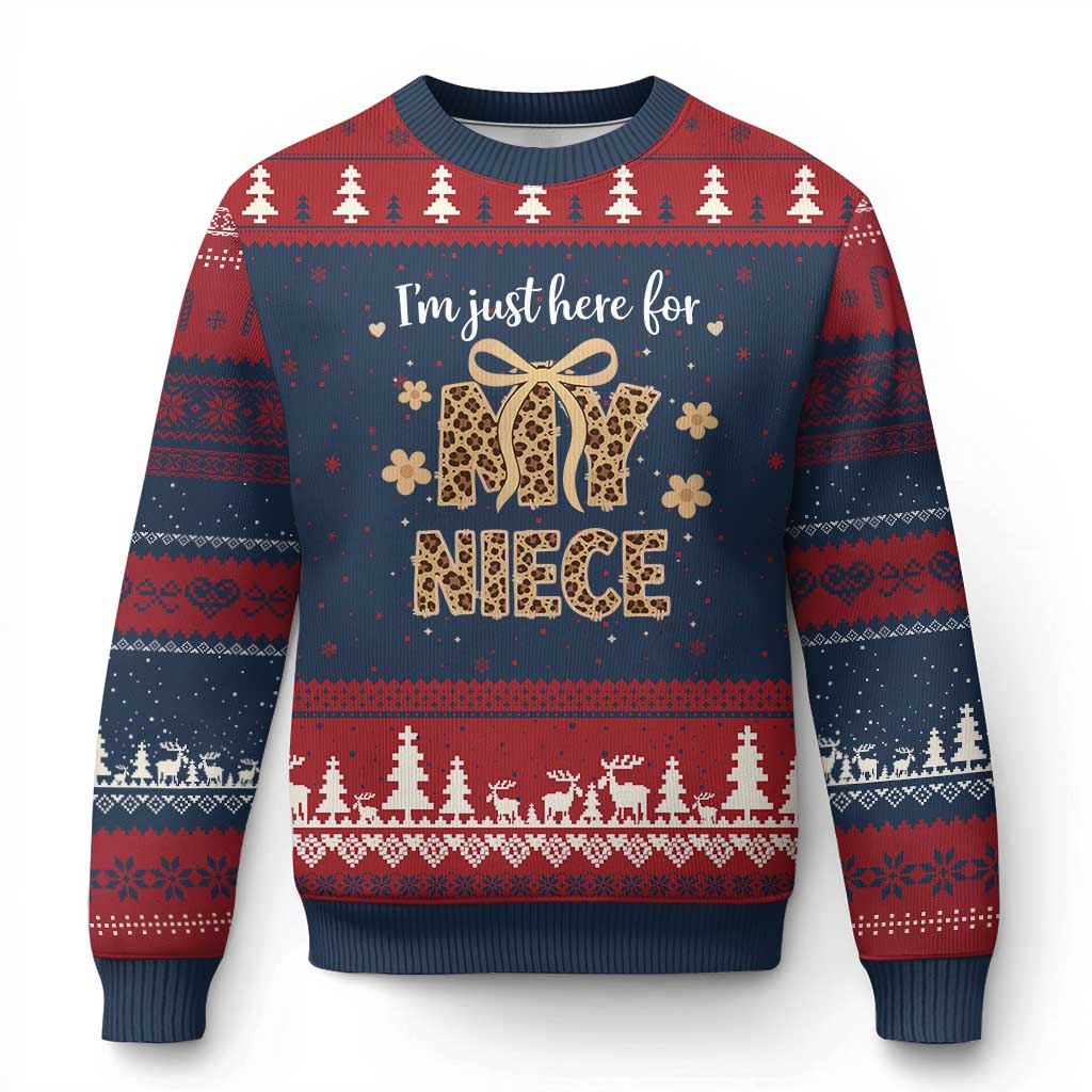 Im Just Here For My Niece Ugly Christmas Sweater Gift For Aunt From Niece Leopard TS10 Navy Red Print Your Wear