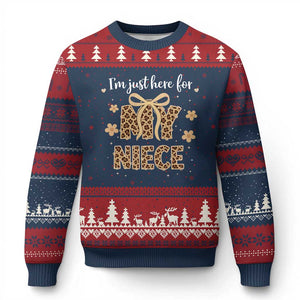 Im Just Here For My Niece Ugly Christmas Sweater Gift For Aunt From Niece Leopard TS10 Navy Red Print Your Wear