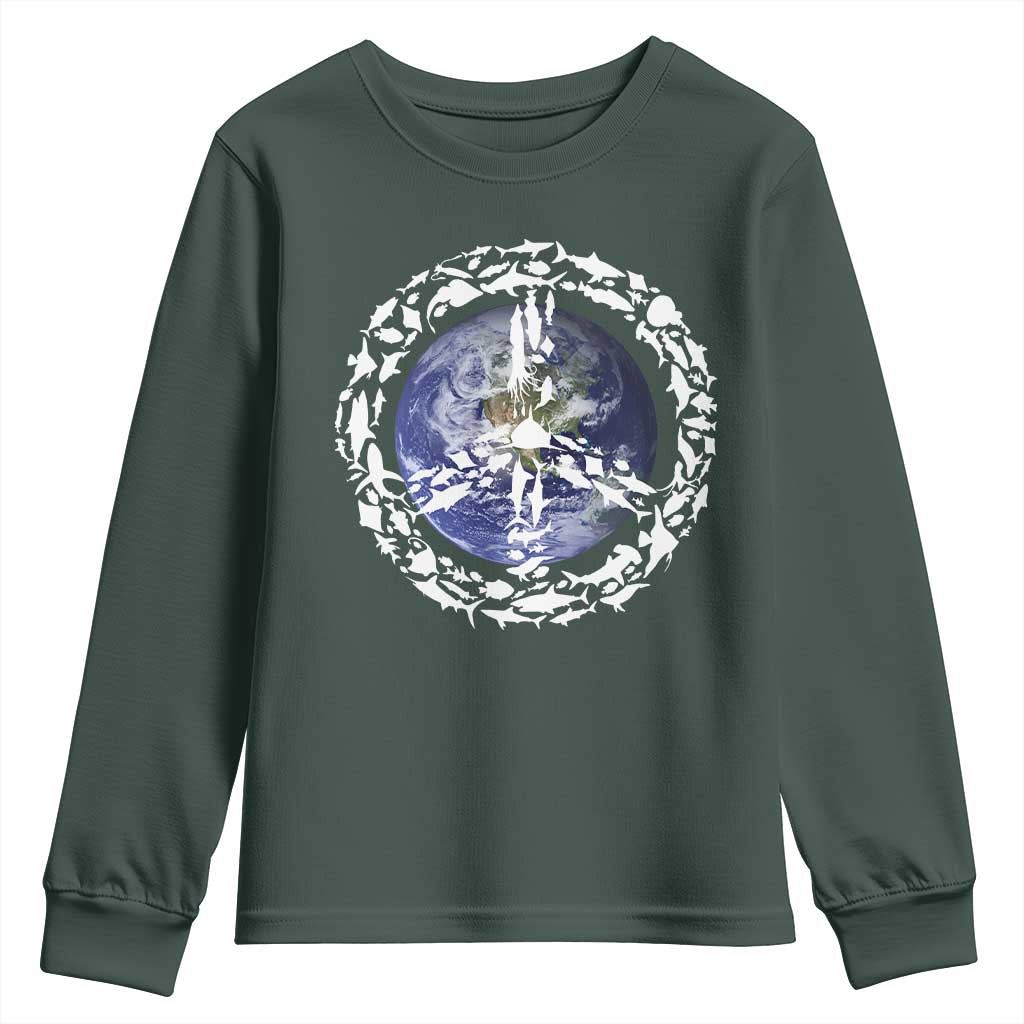 Earth Day Youth Sweatshirt Save the Planet Peace Sign Positive Vibes TS10 Dark Forest Green Print Your Wear