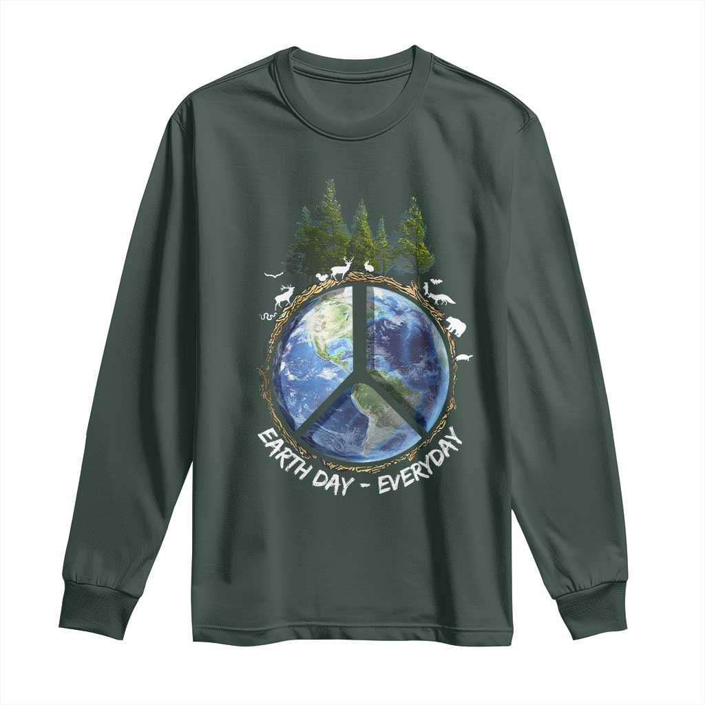 Earth Day Long Sleeve Shirt Everyday Peace Sign Positive Vibes TS10 Dark Forest Green Print Your Wear