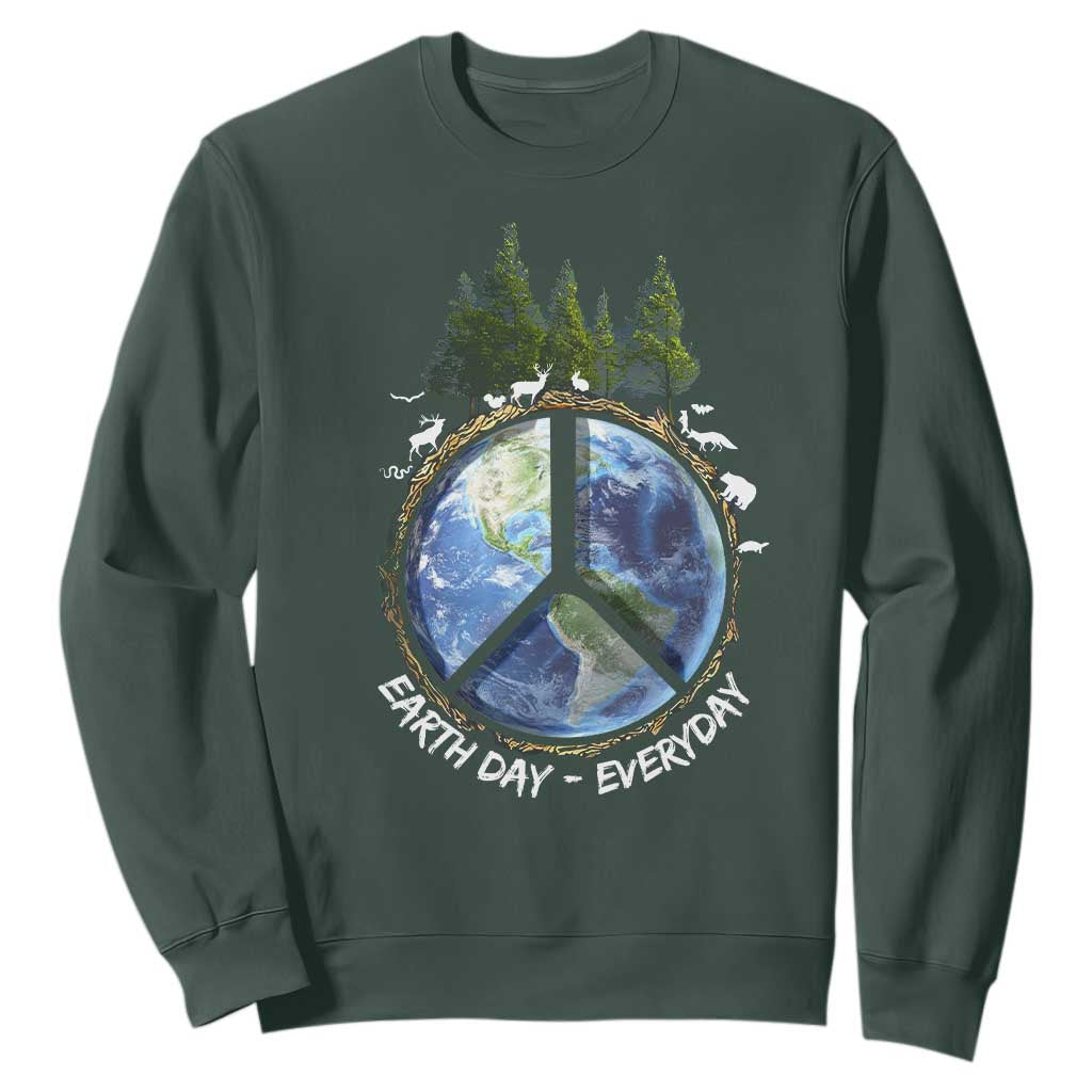 Earth Day Sweatshirt Everyday Peace Sign Positive Vibes TS10 Dark Forest Green Print Your Wear
