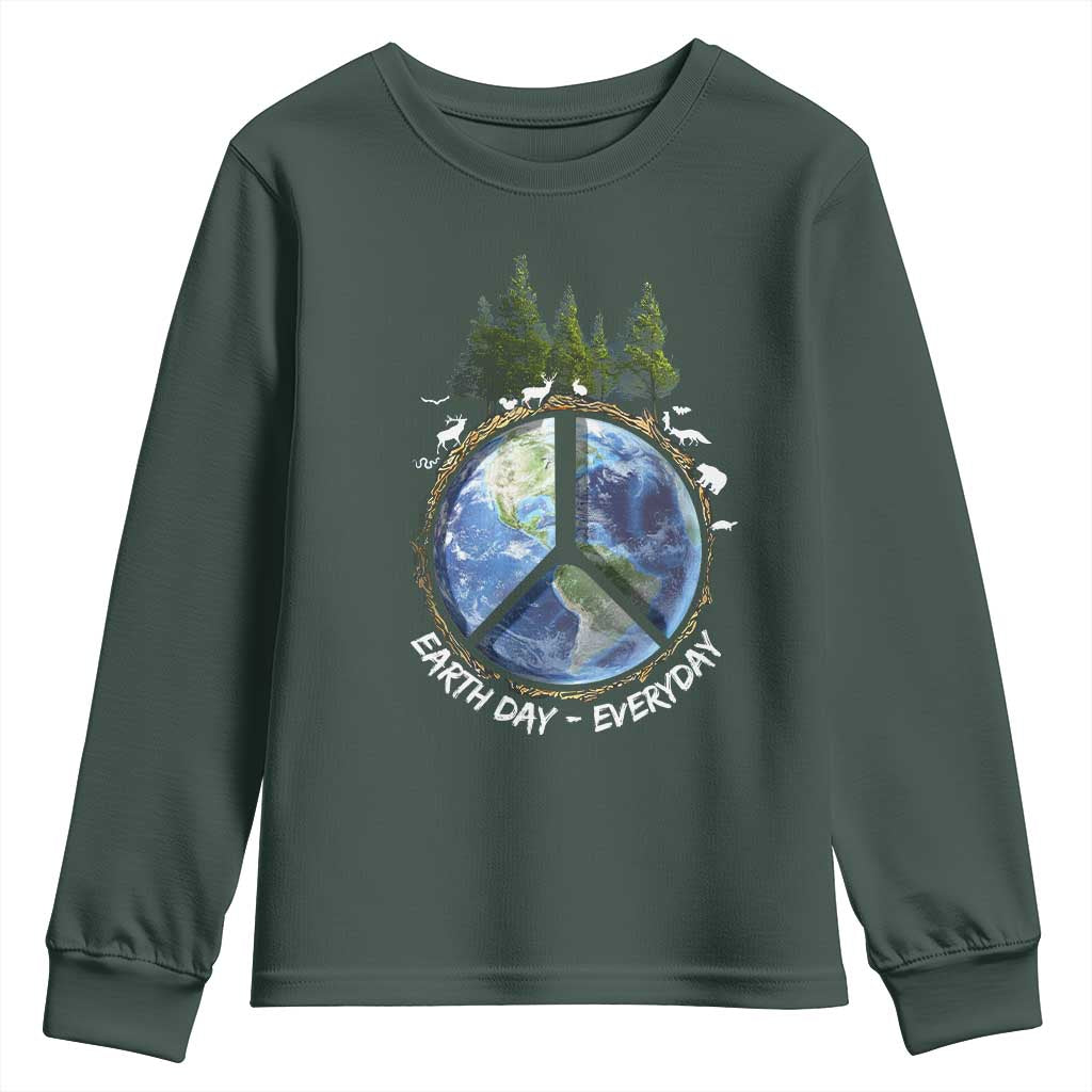 Earth Day Youth Sweatshirt Everyday Peace Sign Positive Vibes TS10 Dark Forest Green Print Your Wear