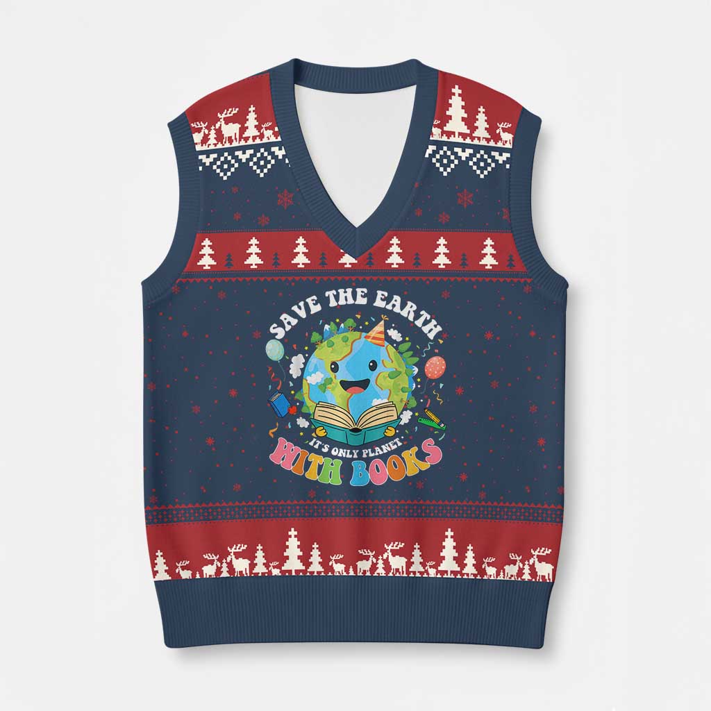 Earth Day V-Neck Knit Sweater Vest Save Earth Its Only Planet With Books Reader TS10 Navy Red Print Your Wear