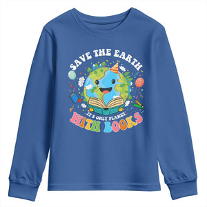 Earth Day Youth Sweatshirt Save Earth Its Only Planet With Books Reader TS10 Royal Blue Print Your Wear