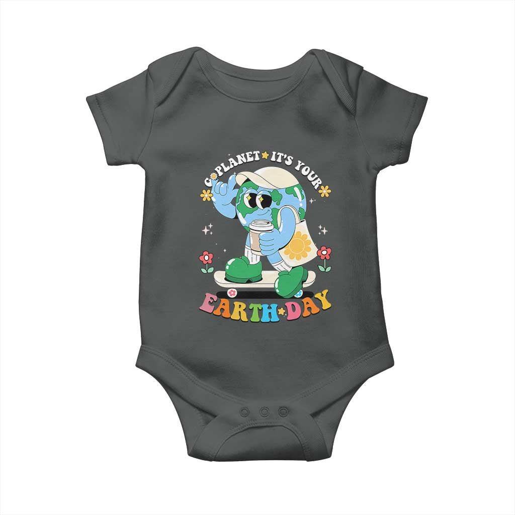 Earth Day Baby Onesie Cute Go Planet Its Your Earthday Groovy TS10 Dark Heather Print Your Wear