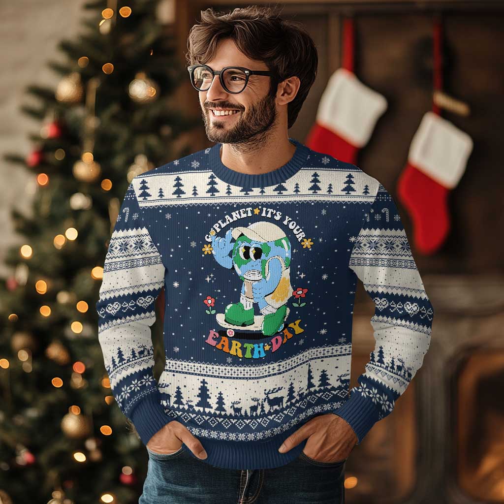 Earth Day Ugly Christmas Sweater Cute Go Planet Its Your Earthday Groovy TS10 Navy Beige Print Your Wear