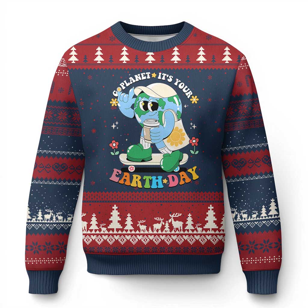 Earth Day Ugly Christmas Sweater Cute Go Planet Its Your Earthday Groovy TS10 Navy Red Print Your Wear