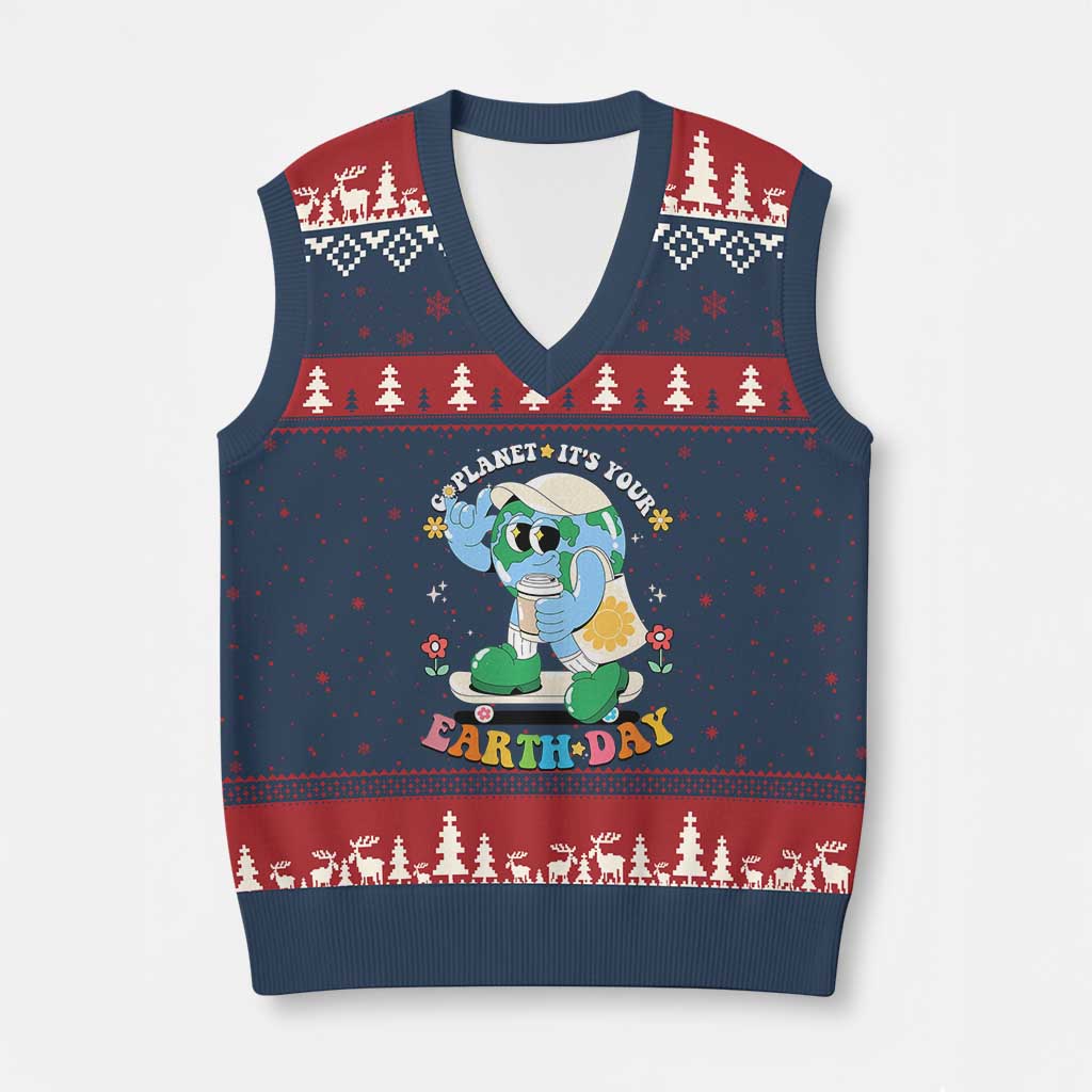 Earth Day V-Neck Knit Sweater Vest Cute Go Planet Its Your Earthday Groovy TS10 Navy Red Print Your Wear