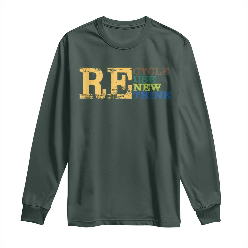 Retro Earth Day Long Sleeve Shirt Recycle Reuse Renew Rethink Protect Earth TS10 Dark Forest Green Print Your Wear