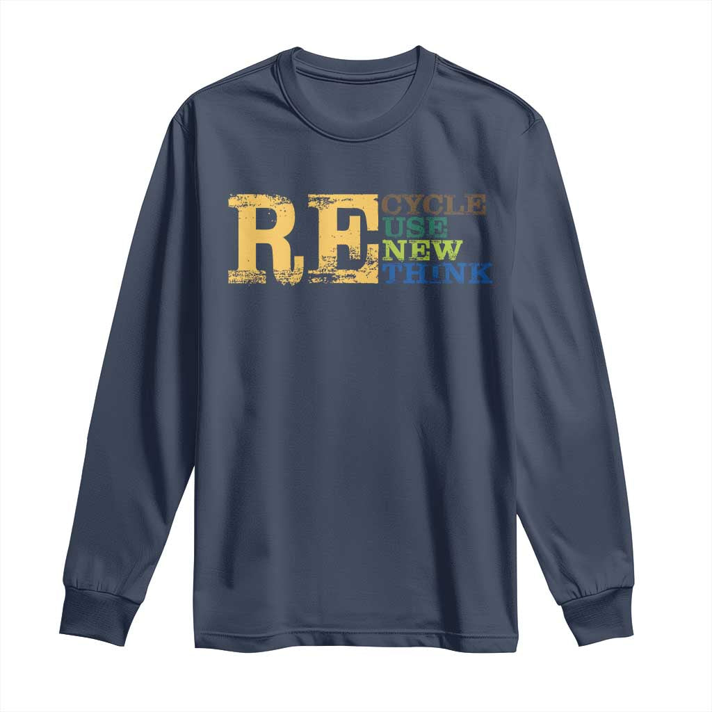Retro Earth Day Long Sleeve Shirt Recycle Reuse Renew Rethink Protect Earth TS10 Navy Print Your Wear