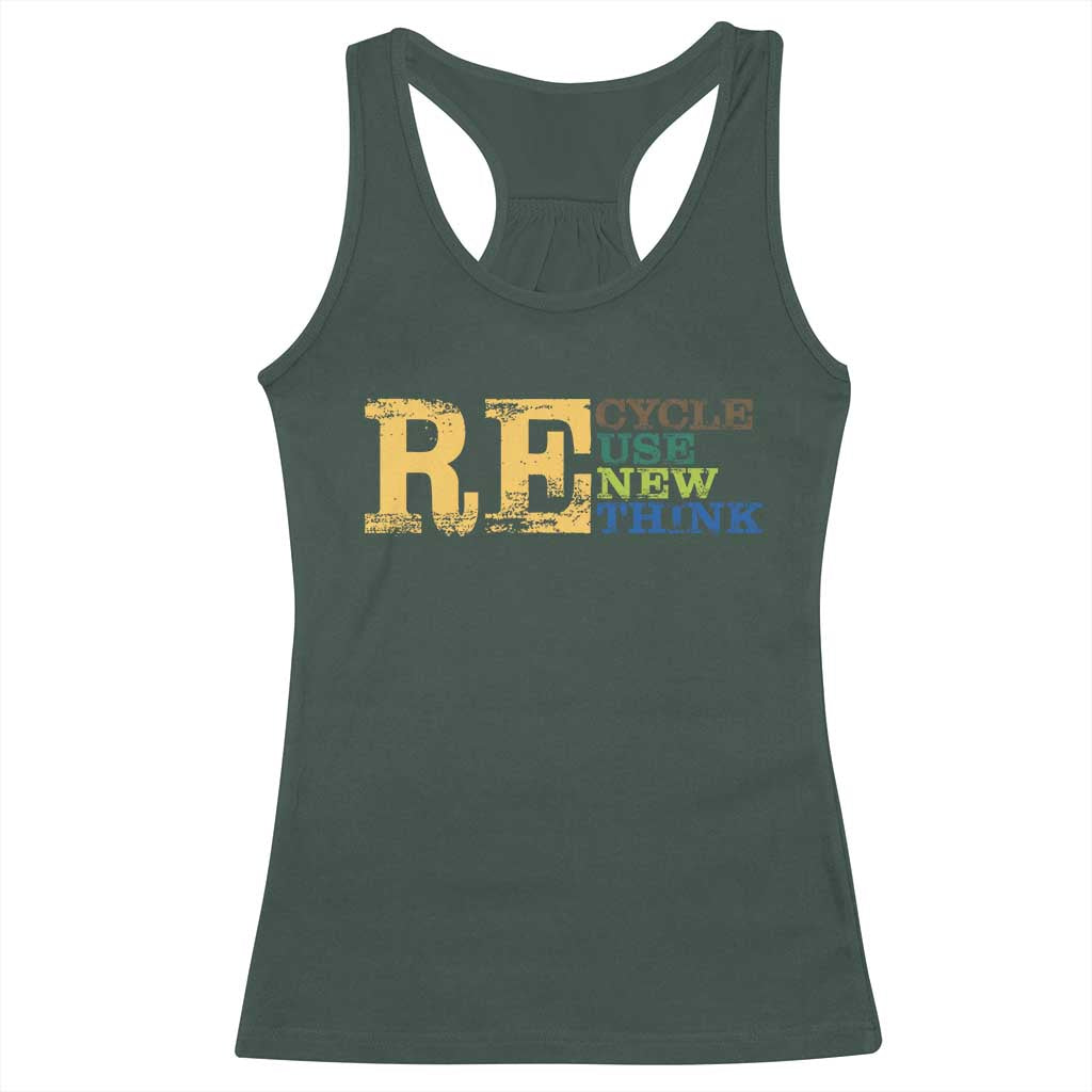 Retro Earth Day Racerback Tank Top Recycle Reuse Renew Rethink Protect Earth TS10 Dark Forest Green Print Your Wear