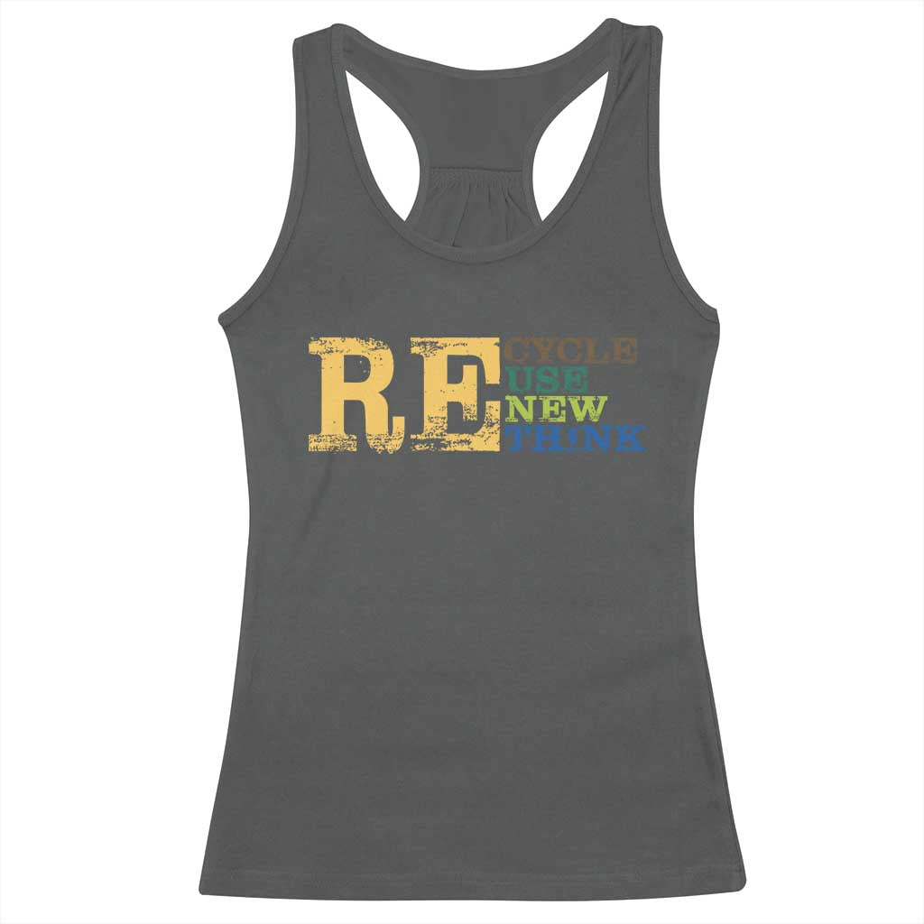 Retro Earth Day Racerback Tank Top Recycle Reuse Renew Rethink Protect Earth TS10 Dark Heather Print Your Wear