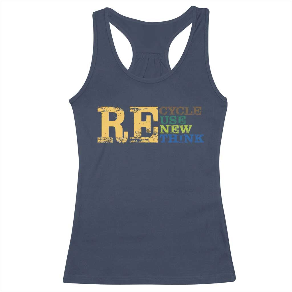 Retro Earth Day Racerback Tank Top Recycle Reuse Renew Rethink Protect Earth TS10 Navy Print Your Wear