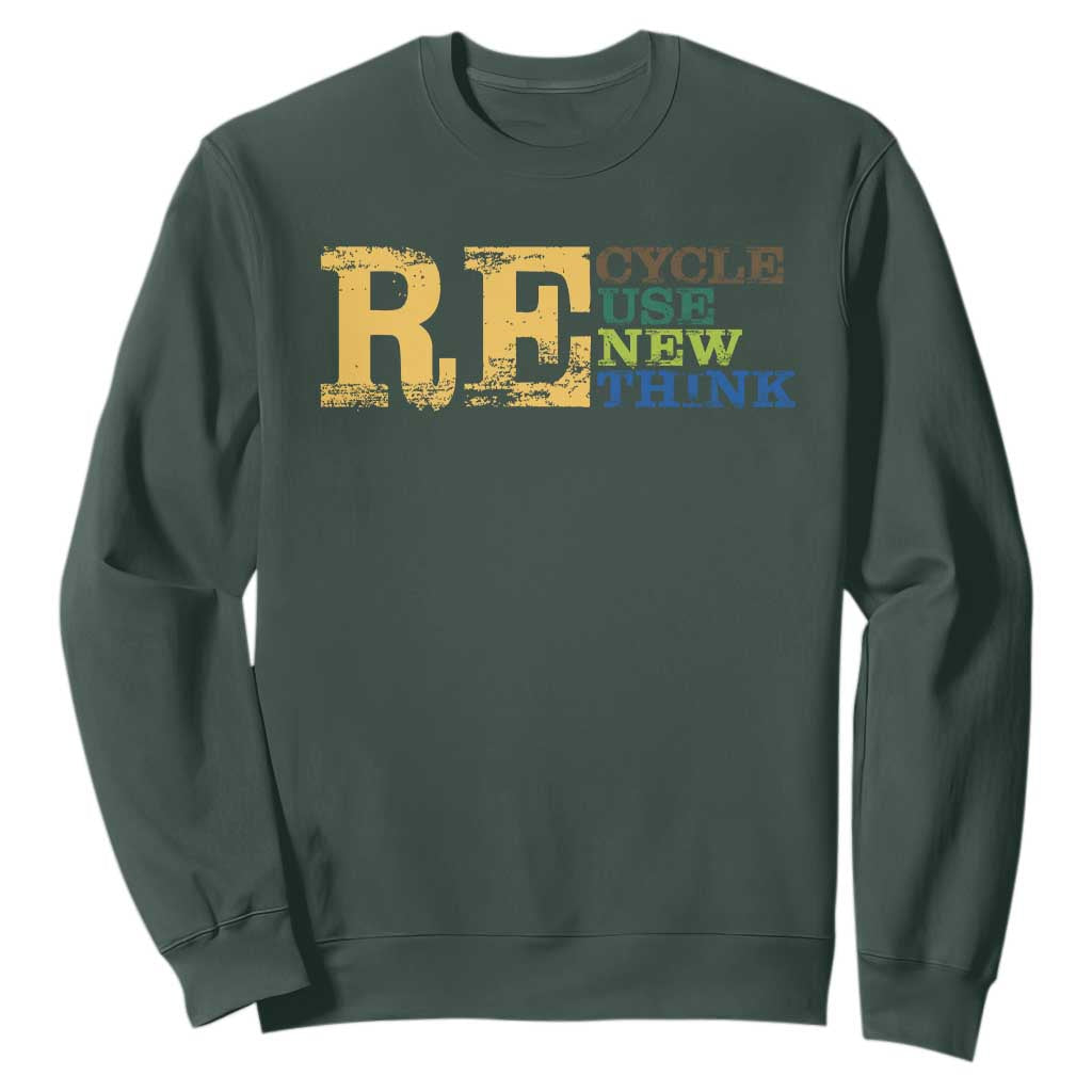 Retro Earth Day Sweatshirt Recycle Reuse Renew Rethink Protect Earth TS10 Dark Forest Green Print Your Wear