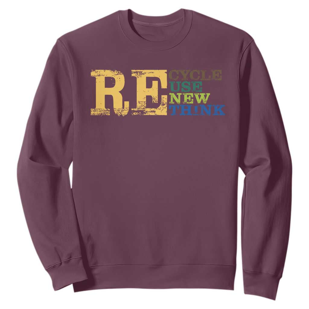 Retro Earth Day Sweatshirt Recycle Reuse Renew Rethink Protect Earth TS10 Maroon Print Your Wear