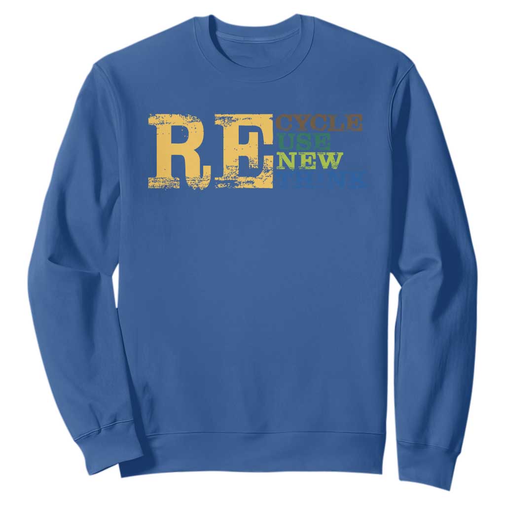 Retro Earth Day Sweatshirt Recycle Reuse Renew Rethink Protect Earth TS10 Royal Blue Print Your Wear