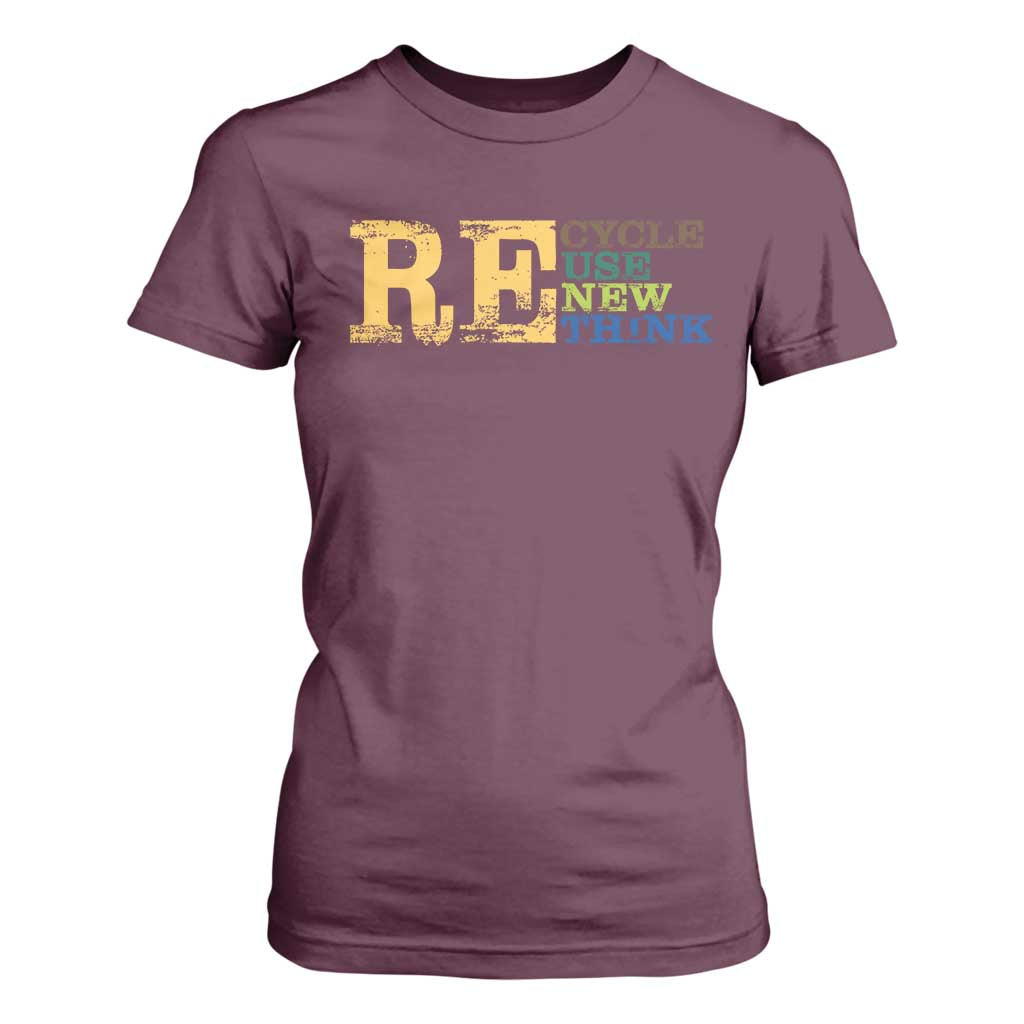 Retro Earth Day T Shirt For Women Recycle Reuse Renew Rethink Protect Earth TS10 Maroon Print Your Wear