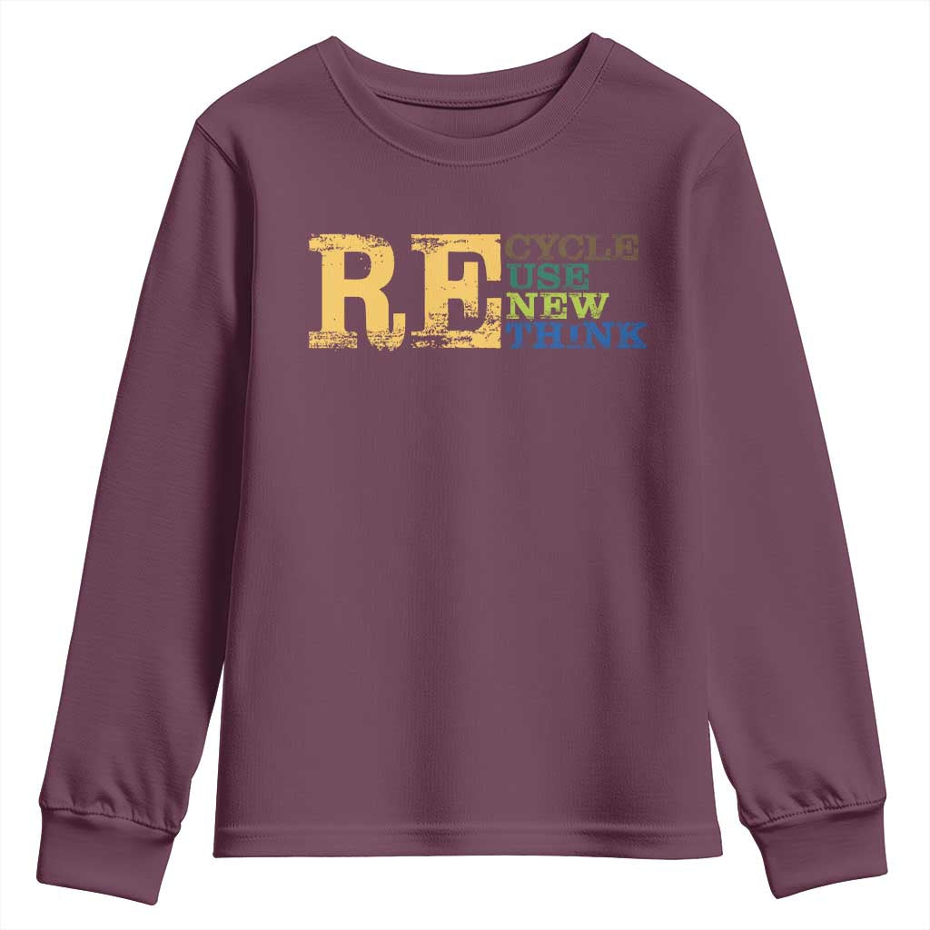 Retro Earth Day Youth Sweatshirt Recycle Reuse Renew Rethink Protect Earth TS10 Maroon Print Your Wear