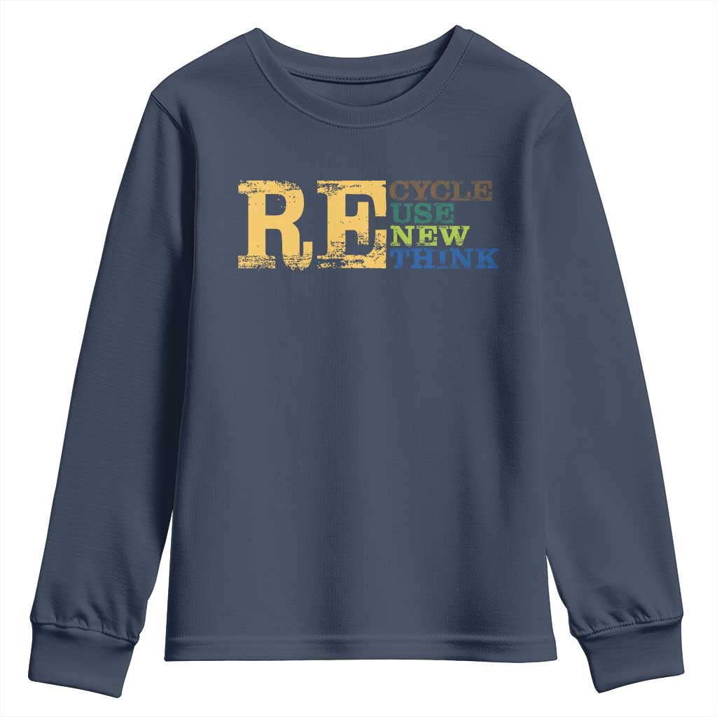 Retro Earth Day Youth Sweatshirt Recycle Reuse Renew Rethink Protect Earth TS10 Navy Print Your Wear