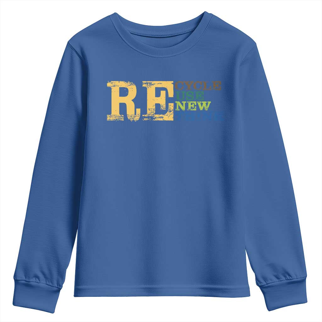 Retro Earth Day Youth Sweatshirt Recycle Reuse Renew Rethink Protect Earth TS10 Royal Blue Print Your Wear