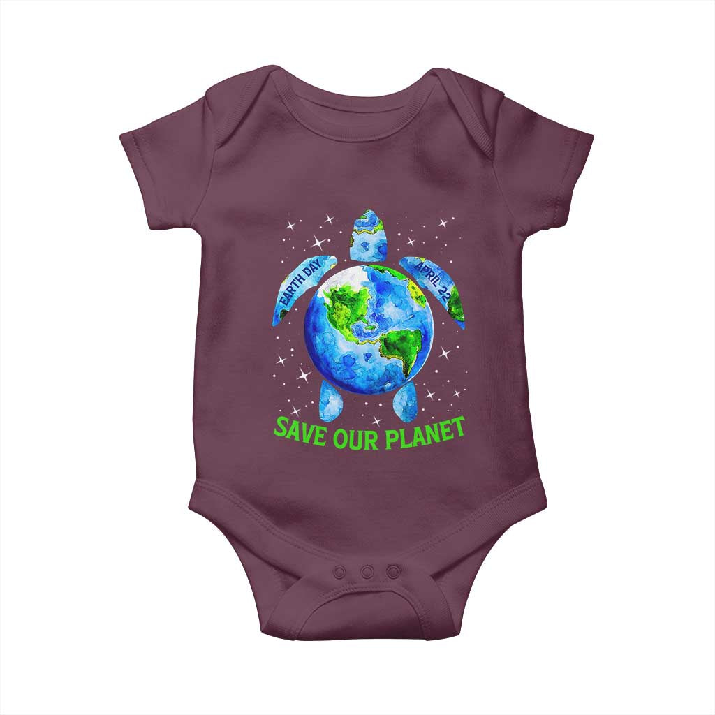 Earth Day 2025 Baby Onesie Save The Planet Sea Turtle Recycle Ocean Environment TS10 Maroon Print Your Wear