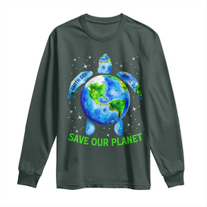 Earth Day 2025 Long Sleeve Shirt Save The Planet Sea Turtle Recycle Ocean Environment TS10 Dark Forest Green Print Your Wear
