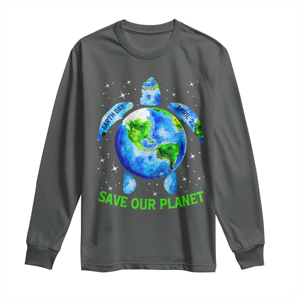 Earth Day 2025 Long Sleeve Shirt Save The Planet Sea Turtle Recycle Ocean Environment TS10 Dark Heather Print Your Wear