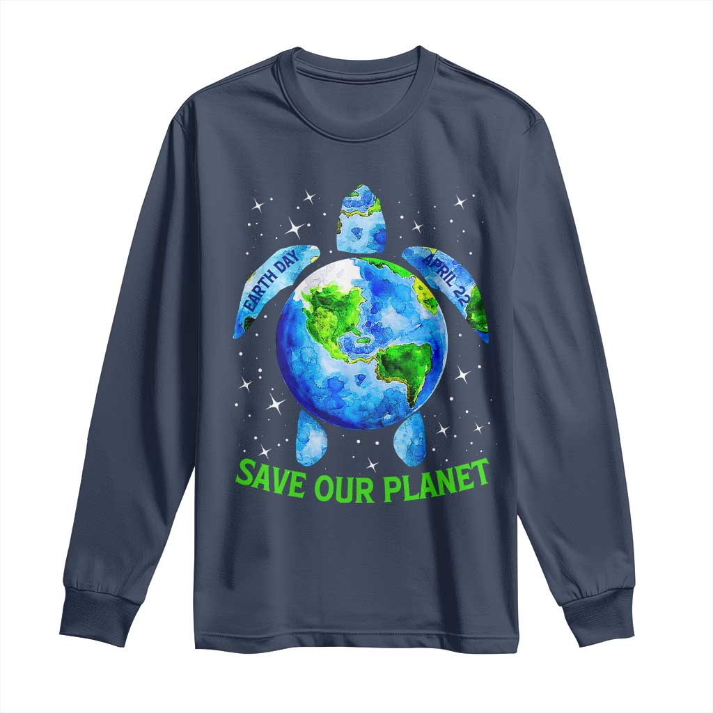 Earth Day 2025 Long Sleeve Shirt Save The Planet Sea Turtle Recycle Ocean Environment TS10 Navy Print Your Wear