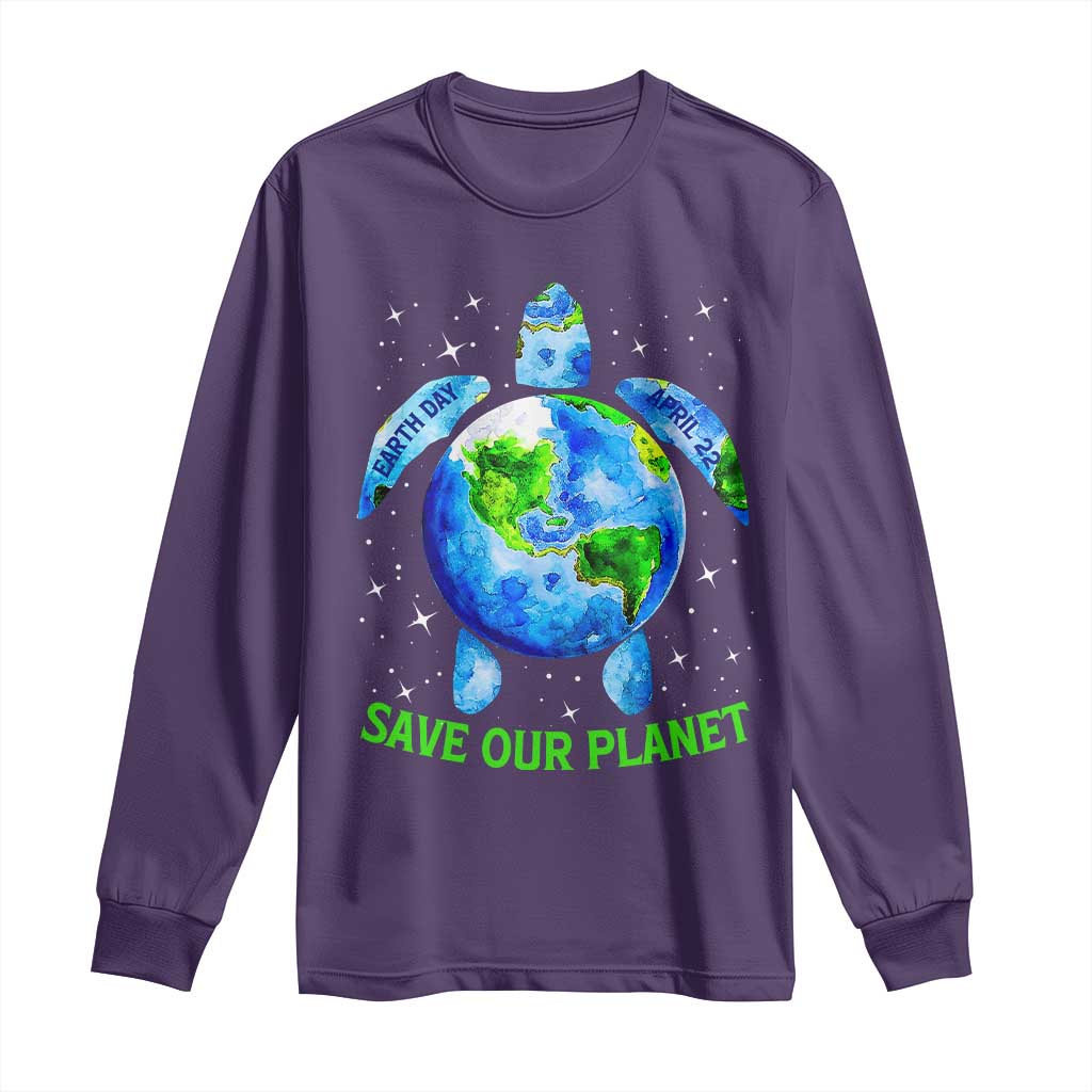 Earth Day 2025 Long Sleeve Shirt Save The Planet Sea Turtle Recycle Ocean Environment TS10 Purple Print Your Wear